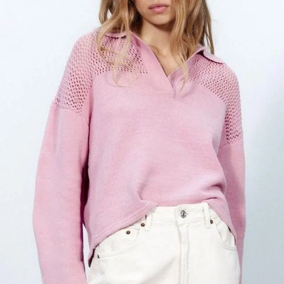Zara Cropped Chenille Knit Collared Pullover  Sweater Pink Size Small - Picture 1 of 6